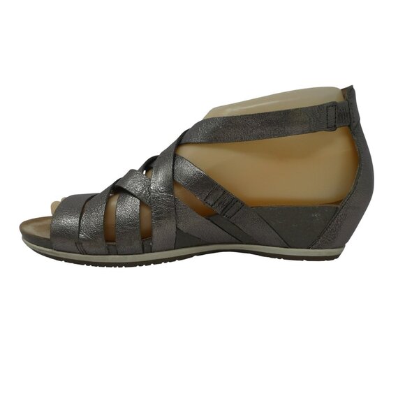 Dansko Viviam Pewter Silver Metallic Leather Open Toe Strappy Wedge Sandals - Picture 3 of 13